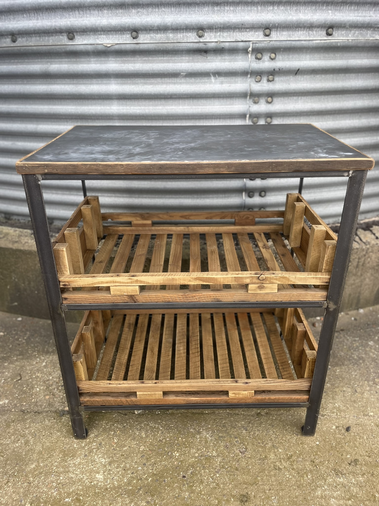 handmade zinc top rack with potato tray shelves | Metroretro
