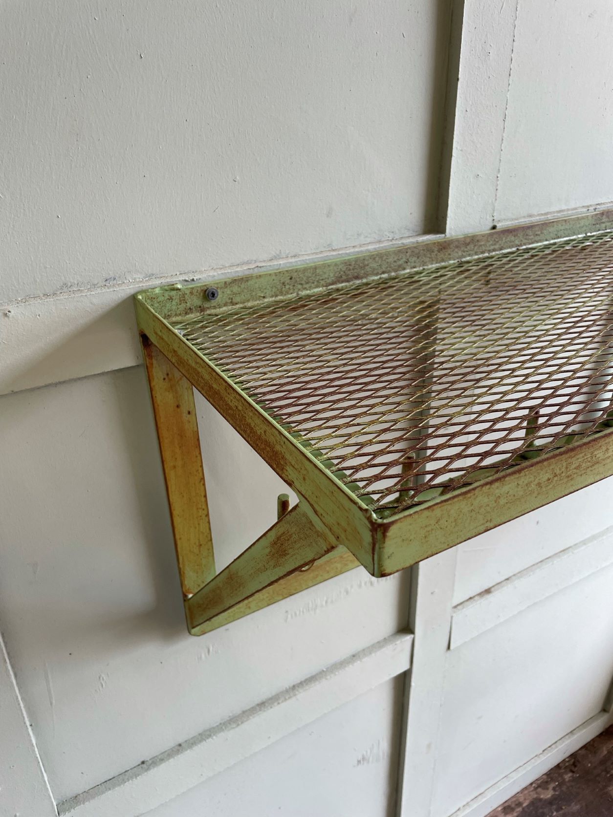 vintage factory hanging rack with shelf | Metroretro